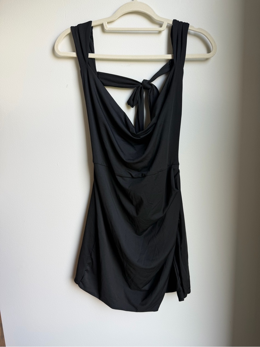 Backless Black Cowl Neck Tie-Back Women's Dress